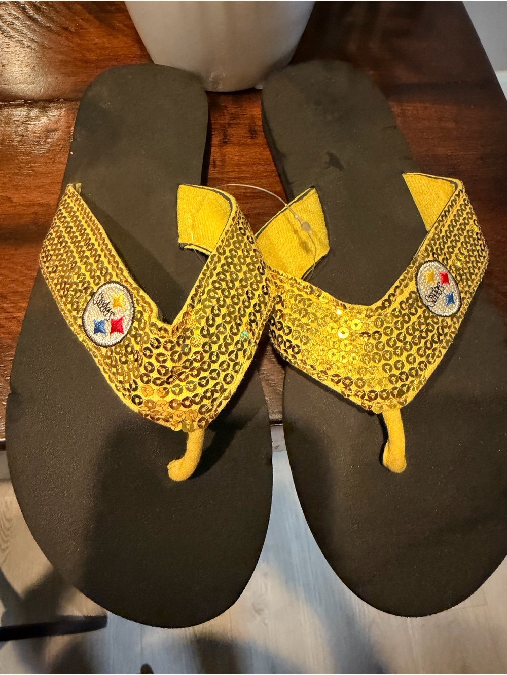 Sequin Yellow Women's Flip Flop Sandals with Embroidered Patch